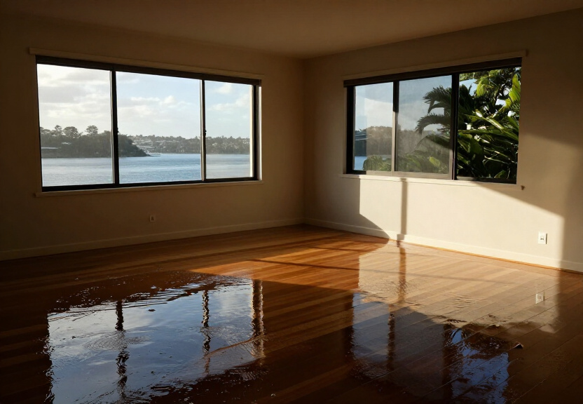 Flooded living room in Claremont Meadows before restoration